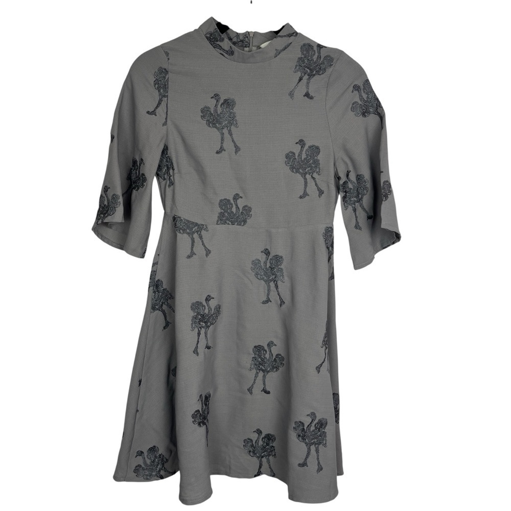 PEPALOVES Women's Ostrich Embroidered Gray Fit and Flare Knee Length Dress XS